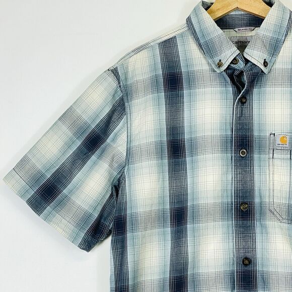Carhartt Blue Cream Plaid Short Sleeve Button Up Relaxed Fit Shirt Men's Medium - Picture 3 of 7